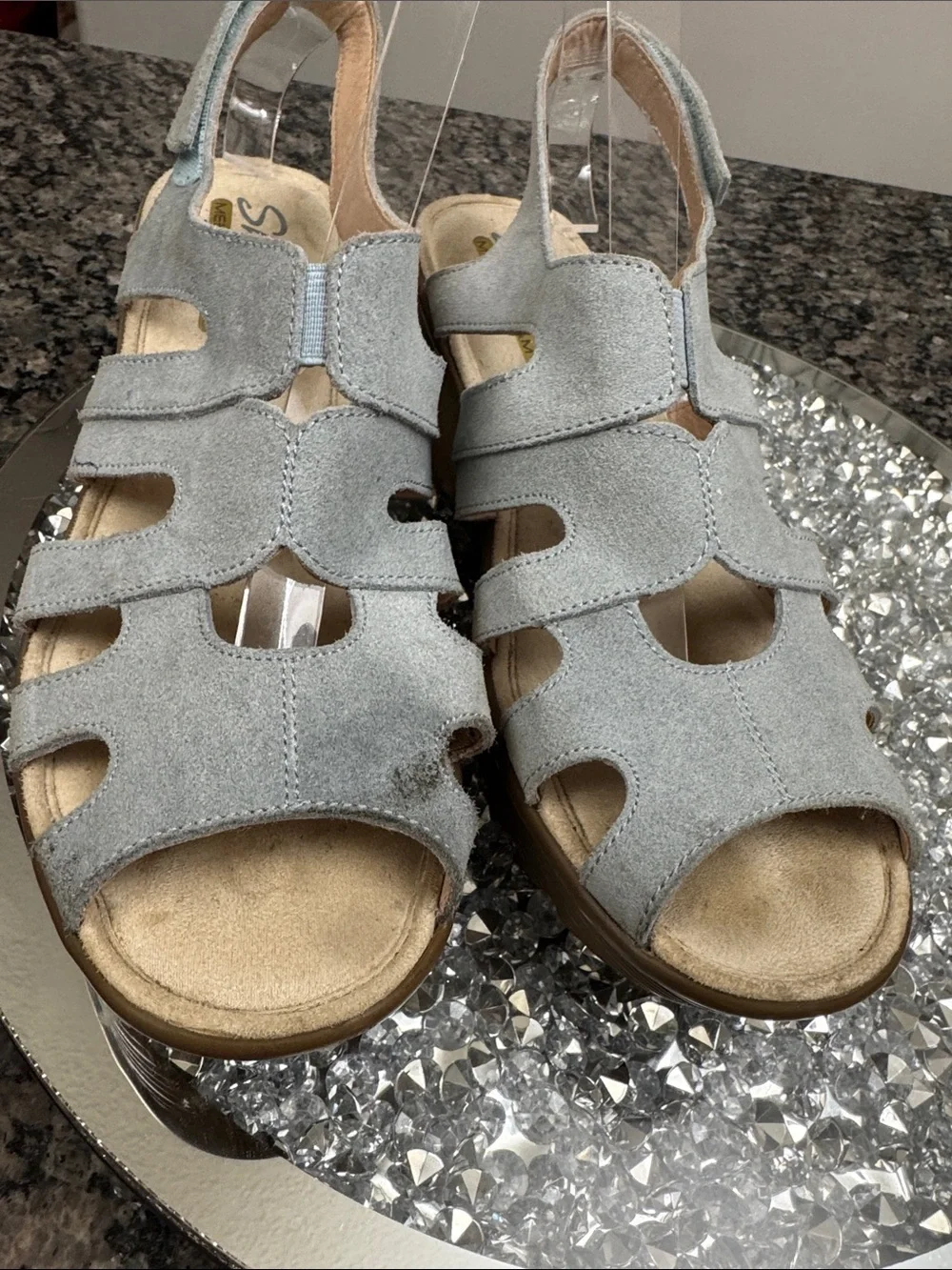 Skechers Light Gray blue Suede Wedge Sandal with Tan Platform 9